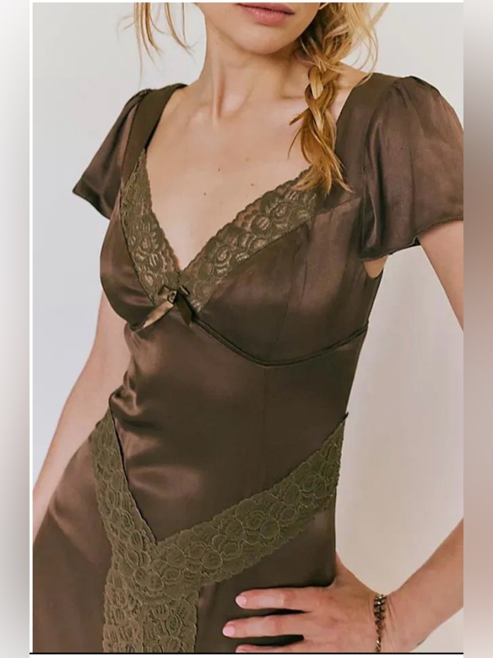 Free People Brown Olive Satin Lace-Trim Midi Slip Dress - Picture 3 of 10